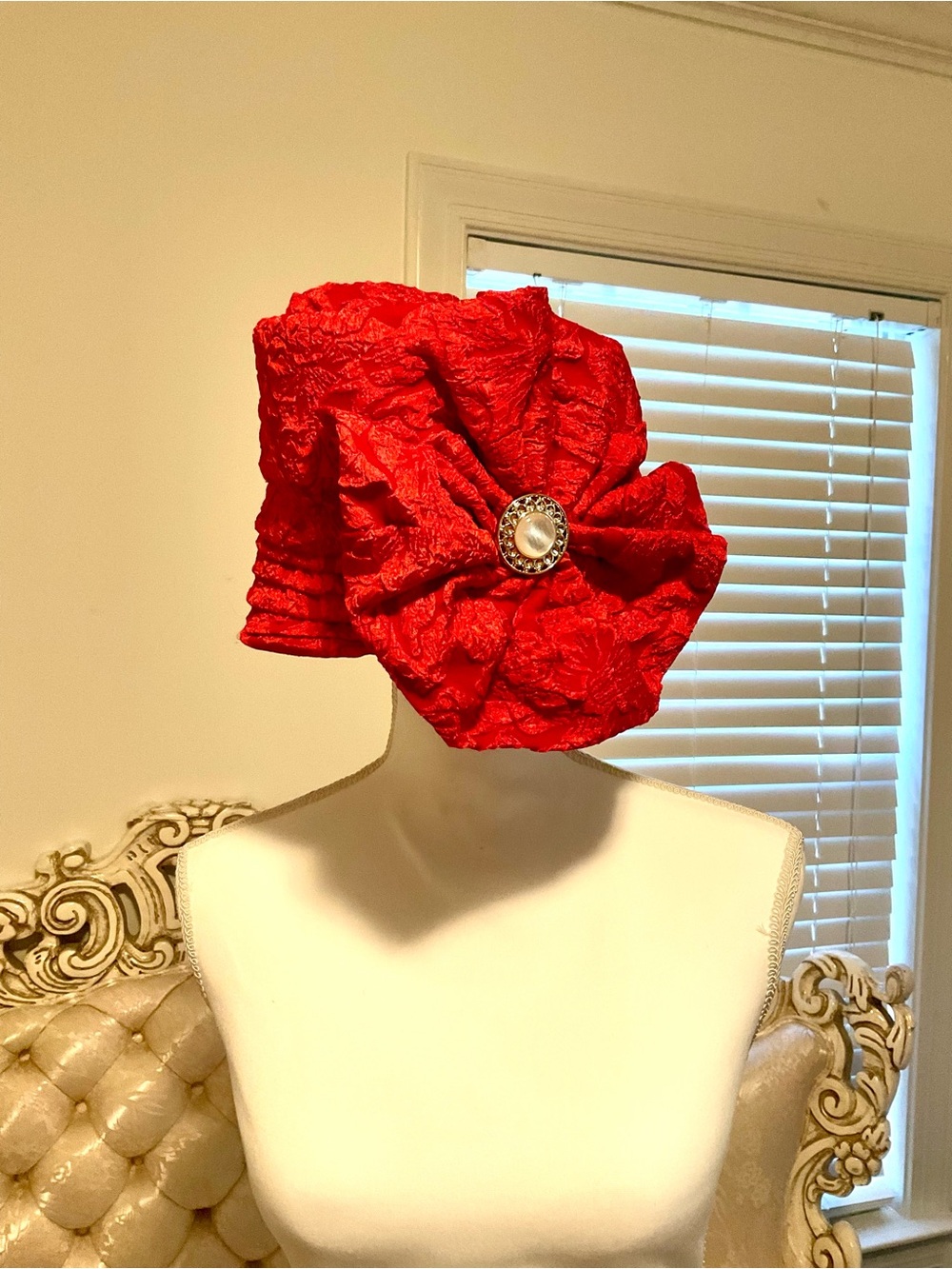 Red Floral Statement Headpiece with Decorative Brooch
